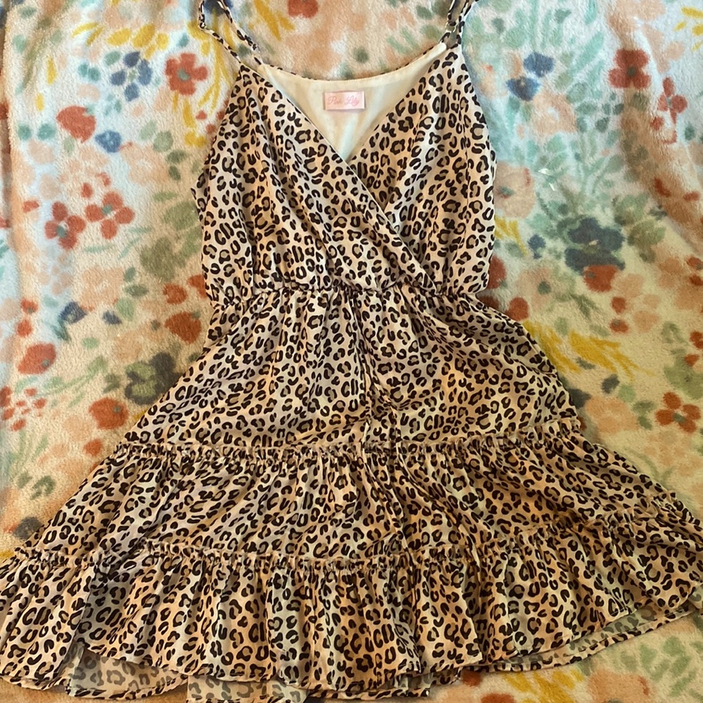 Pink and cheetah print silky dress. V neck with spaghetti straps